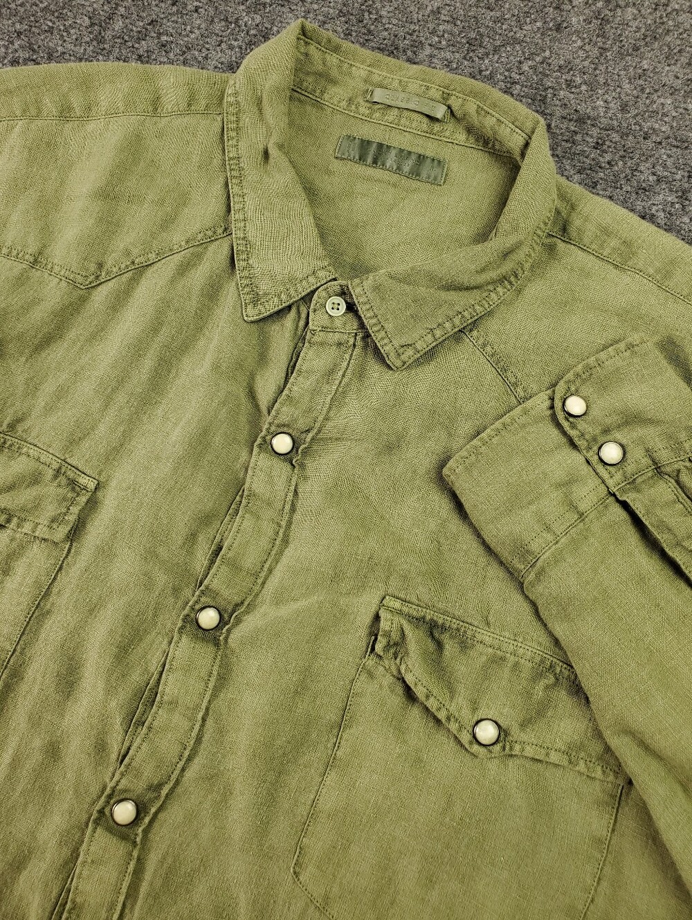 Lucky Brand Classic Fit Linen Western Snap Shirt XL Olive Green Flap Pocket